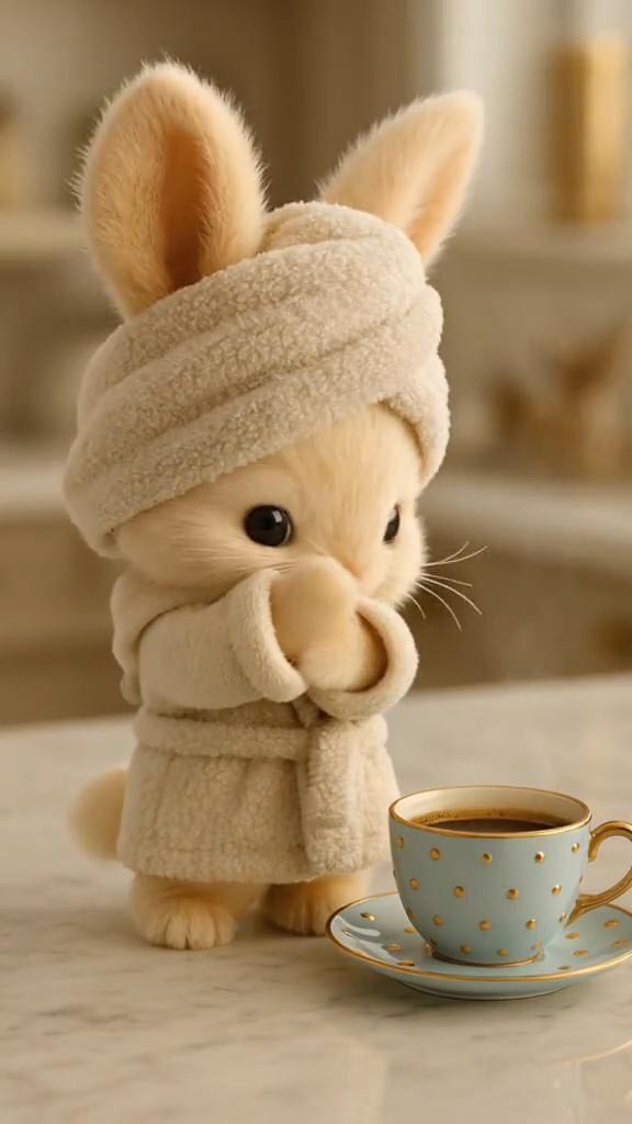 Открытка с добрым утром. Без текста. Зайчик с чашкой кофе.