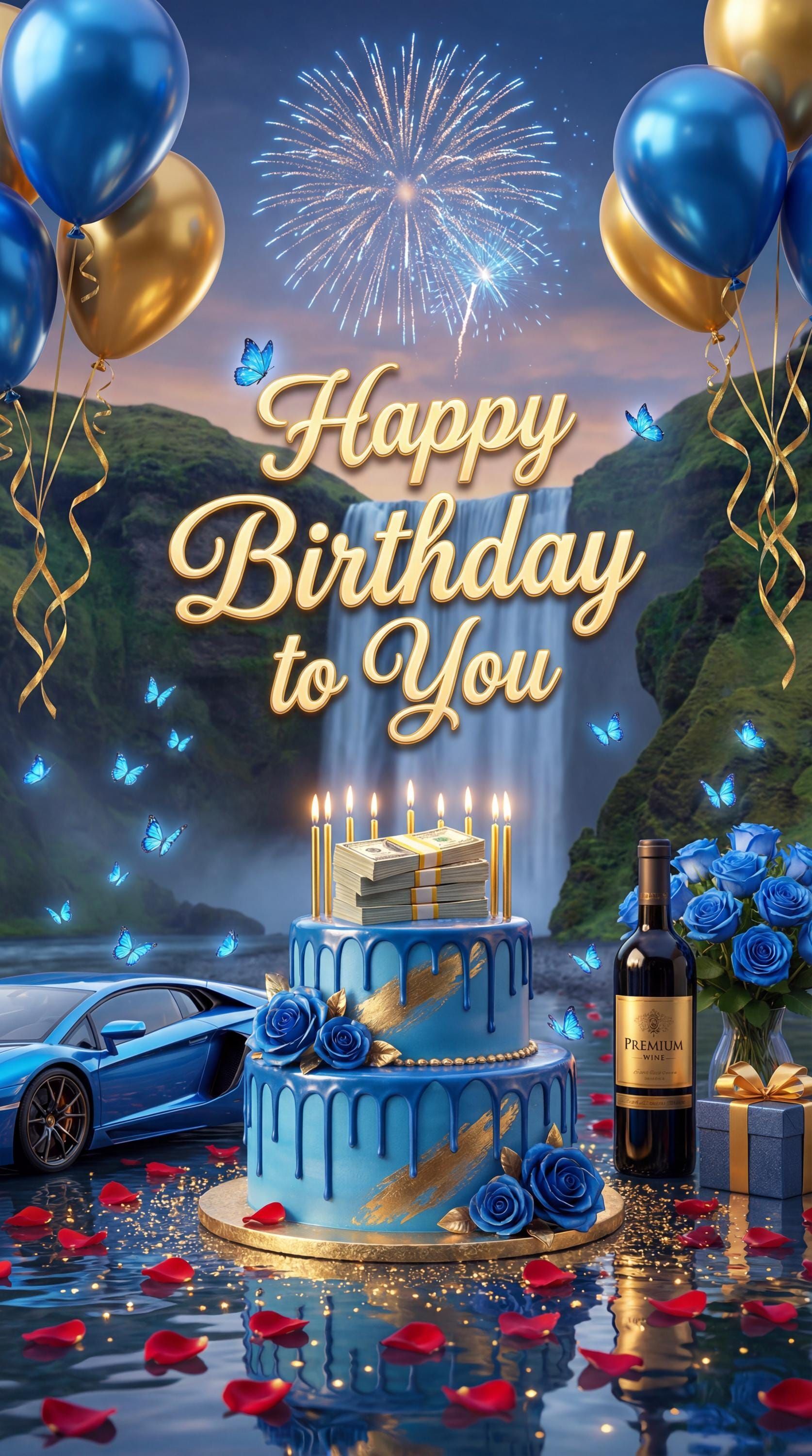 Открытка с днем рождения мужчина. Happy Birthday to You. Торт, автомобиль, салюты, шарики.