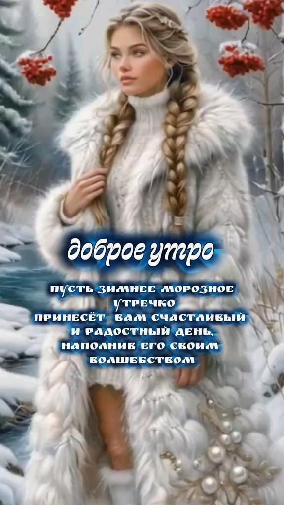 Открытка с добрым зимним утром. Девушка в шубе, снег, рябина. Пожелания.