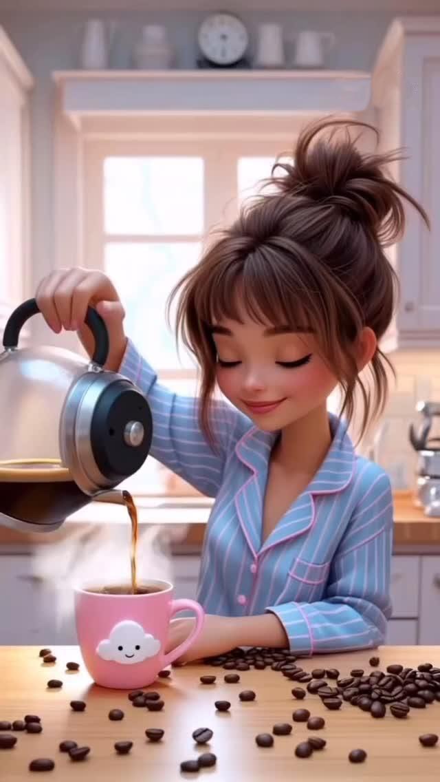 Открытка с добрым утром. Без текста. Девушка наливает кофе.