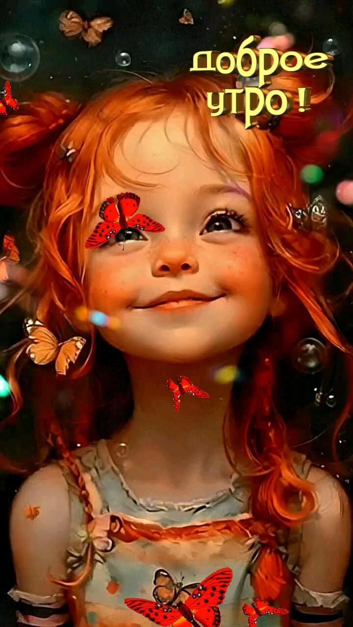 Открытка с добрым утром. Девочка с бабочками.