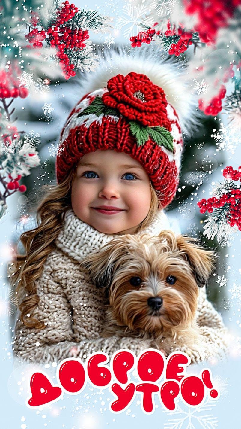 Открытка с добрым зимним утром. Девочка с собачкой, елочки, снег.