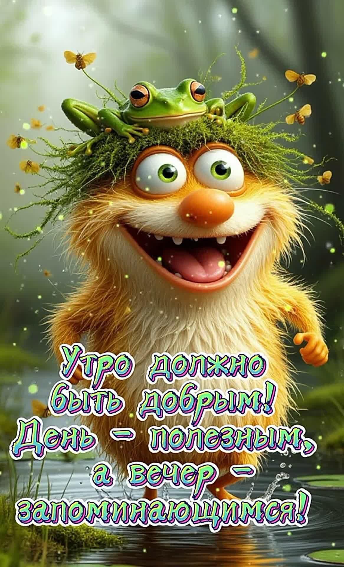 Открытка с добрым утром прикольная. Смешная зверюшка с лягушкой на голове. Пожелания.