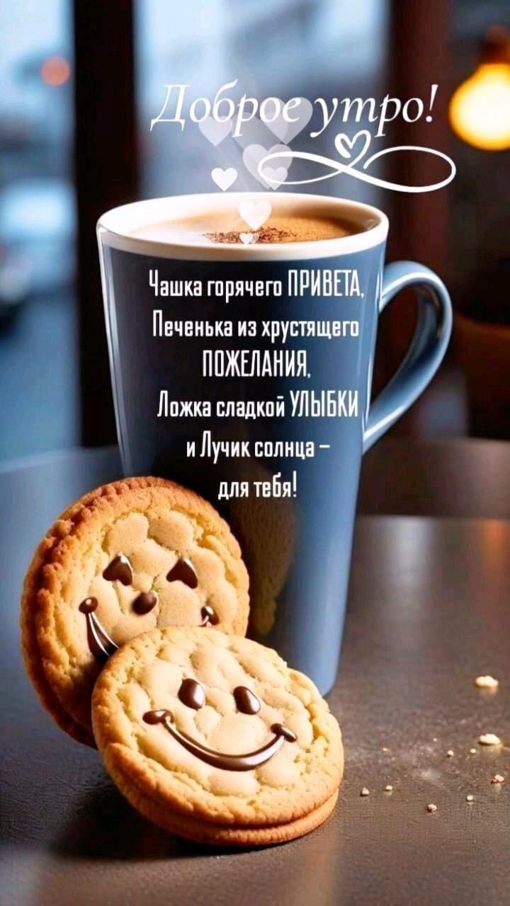 Открытка с добрым утром. Пожелания, кофе и печенье.
