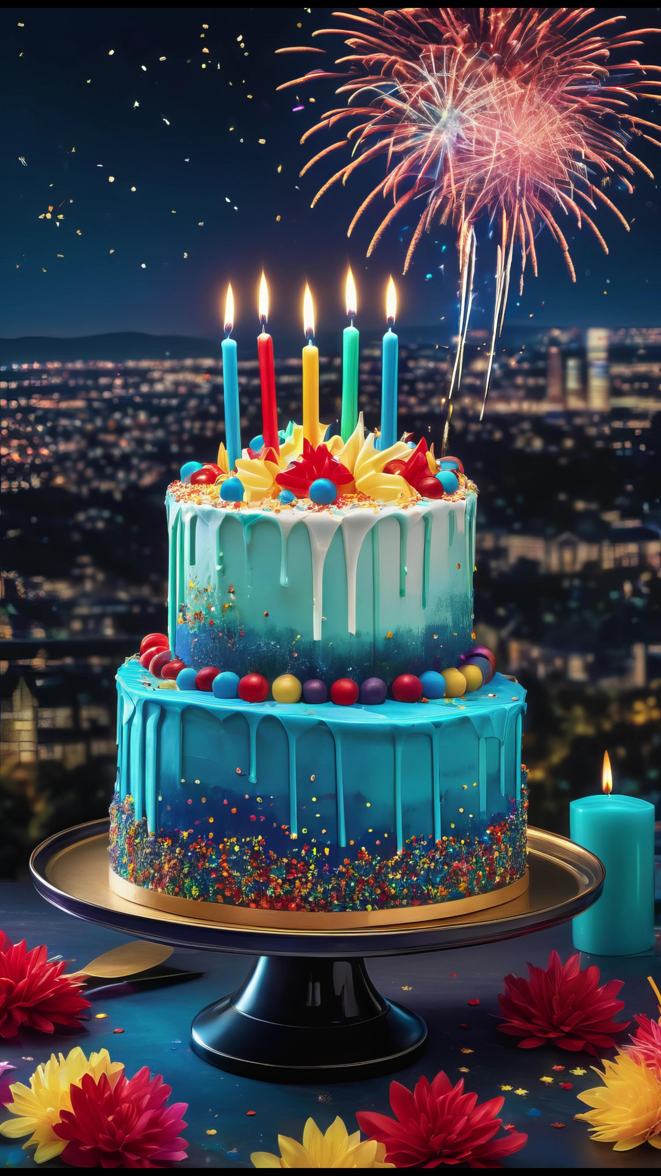 Открытка с днем рождения. Без текста. Торт на фоне ночного города и салюта.