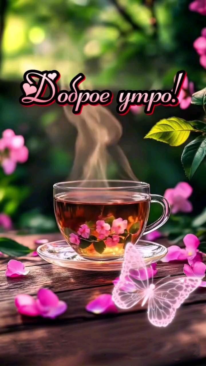 Открытка с добрым утром. Чашка с чаем, розовые лепестки, бабочка.