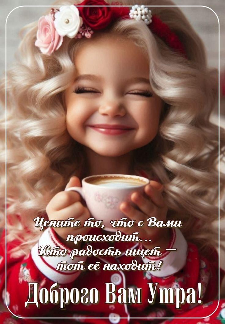 Открытка с добрым утром. Пожелания, девочка с чашкой.
