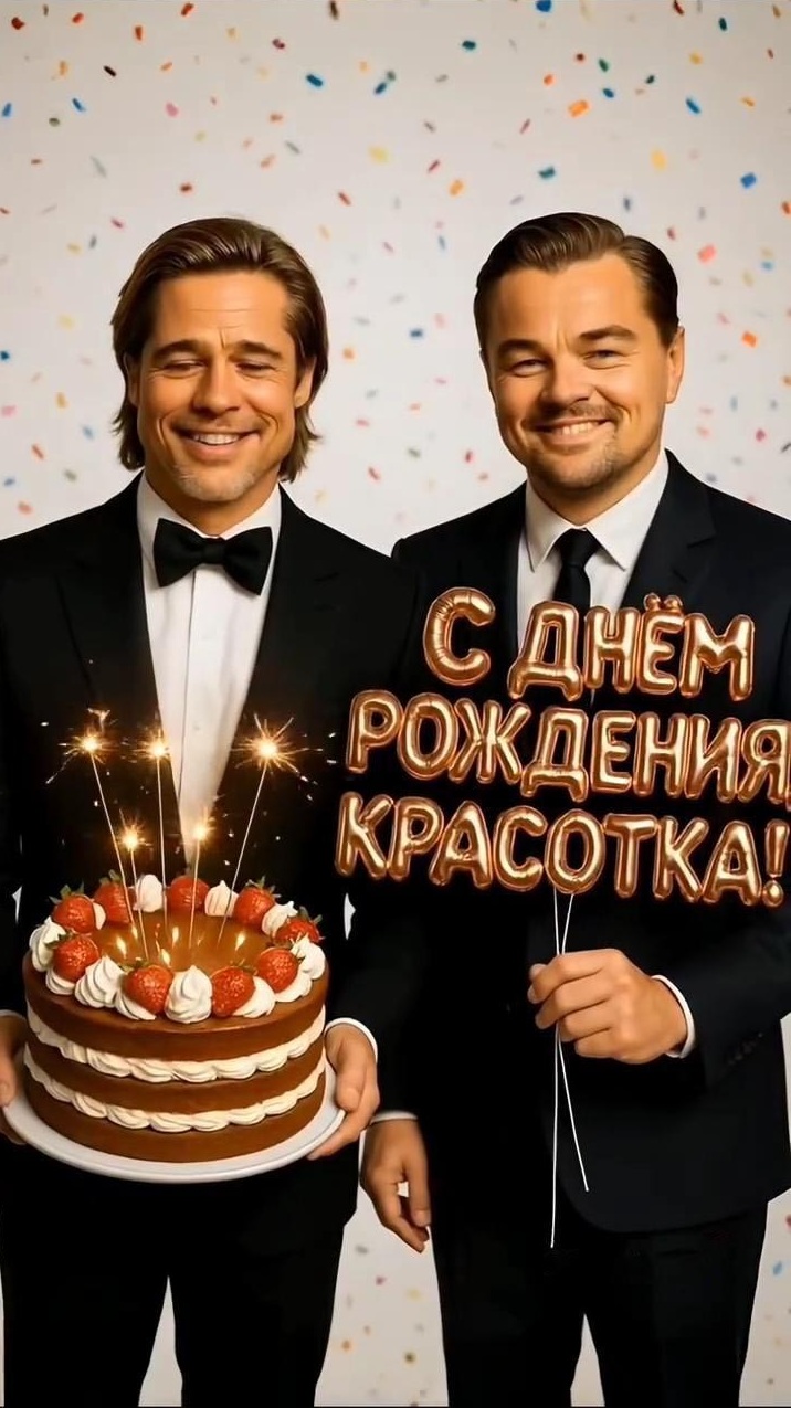 Открытка с днем рождения женщина. Леонардо ДиКаприо и Брэд Питт с тортиком. С днем рождения, красотка!