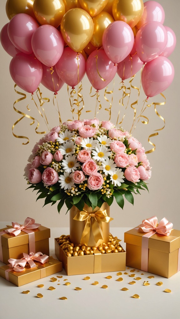 Открытка с днем рождения женщина. Без текста. Цветы, подарки, шарики.