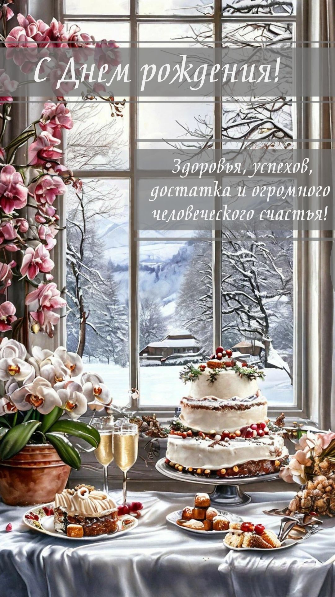 Открытка с днем рождения зимой. Пожелания, накрытый стол, зима за окном.