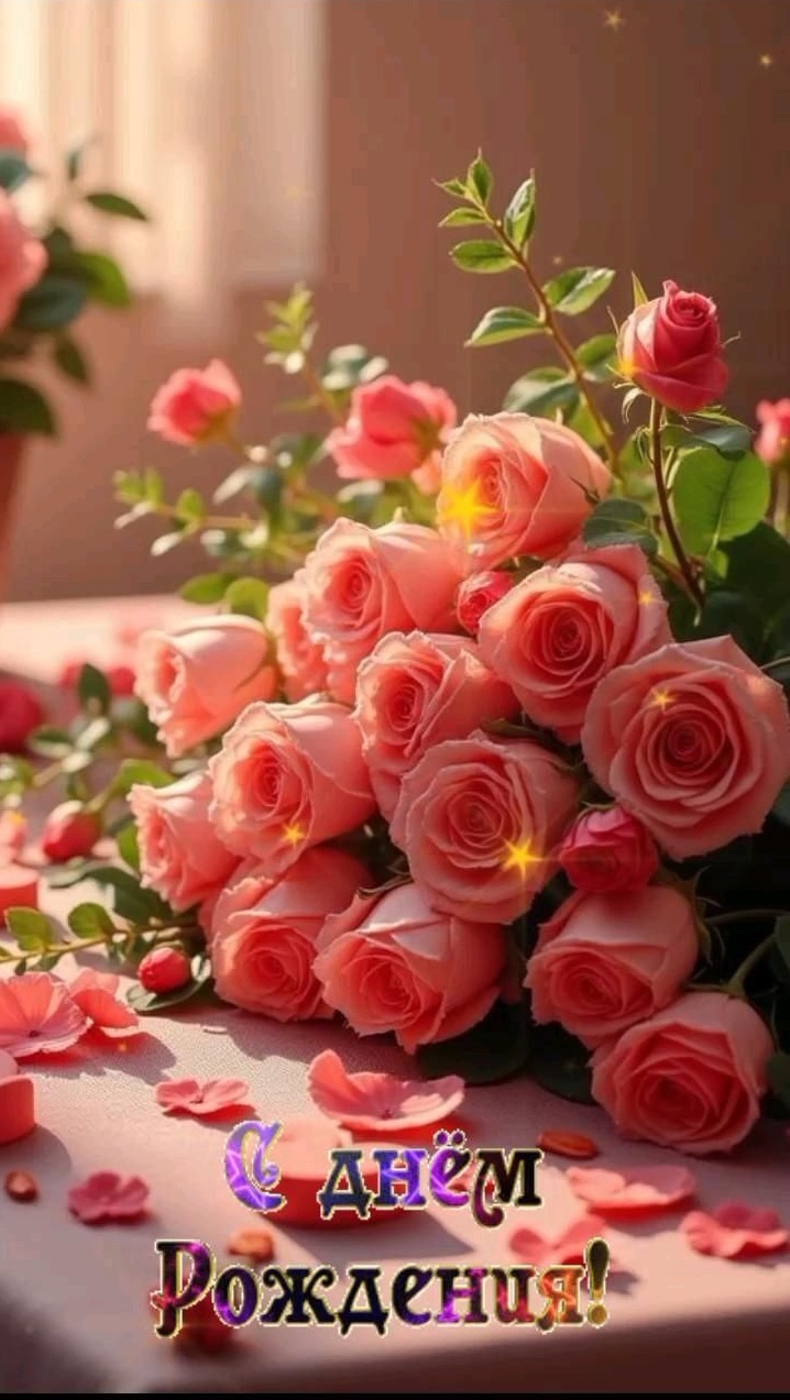 Открытка с днем рождения женщина. Розовые розы.