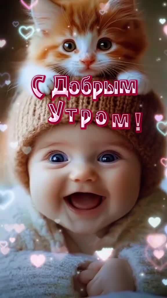 Открытка с добрым утром. Улыбающийся ребенок с котенком.