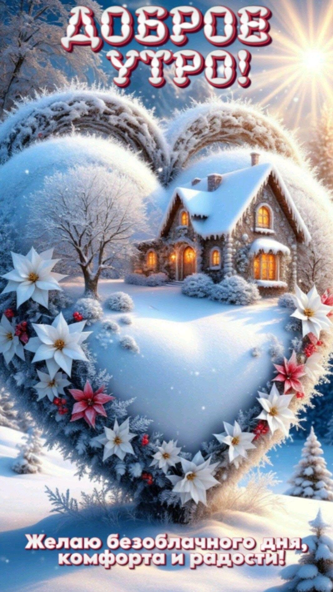 Открытка с добрым зимним утром. Домик, снег, цветы и сердечки.