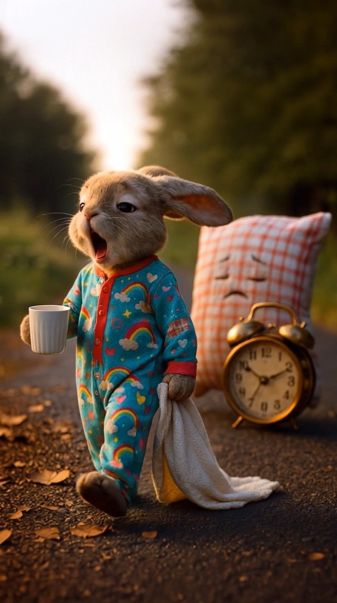 Открытка с добрым утром. Без текста. Кролик с чашкой зевает, подушка, будильник.