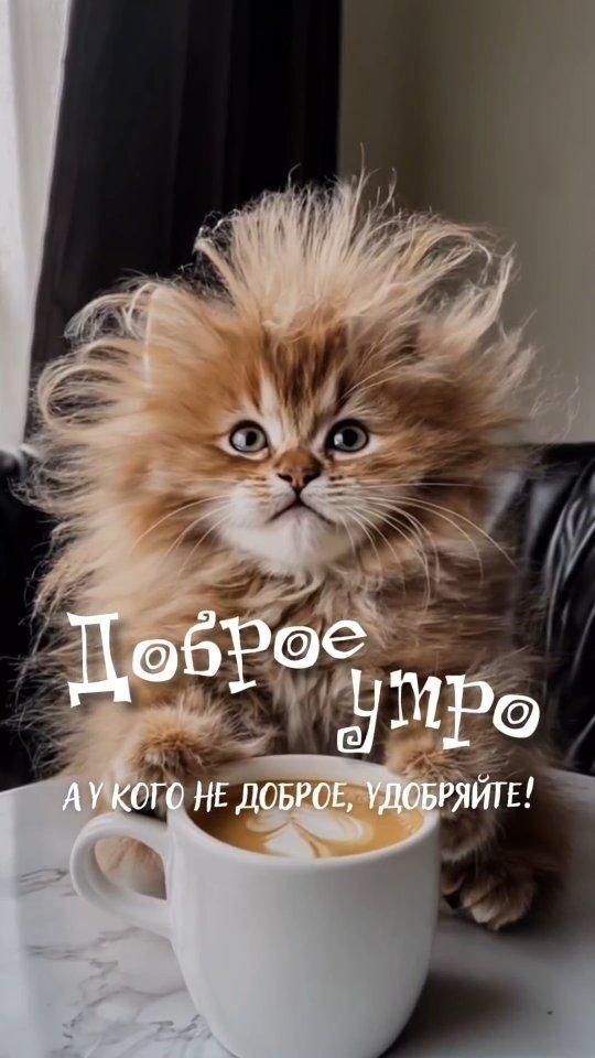 Открытка с добрым утром. Пожелание, взъерошенный котенок.