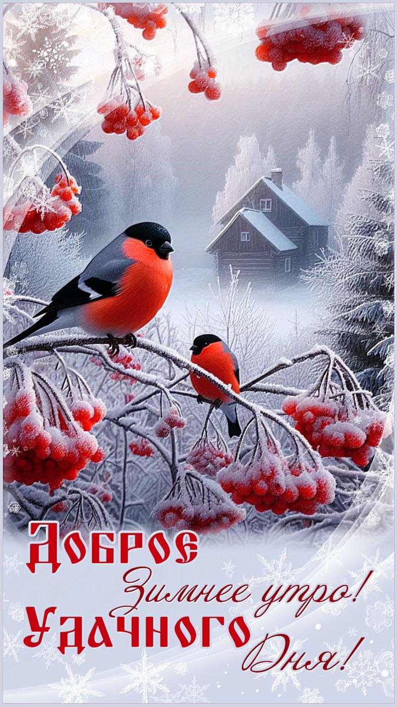 Открытка с добрым зимним утром. Снег, зима, снегири на ветках рябины.