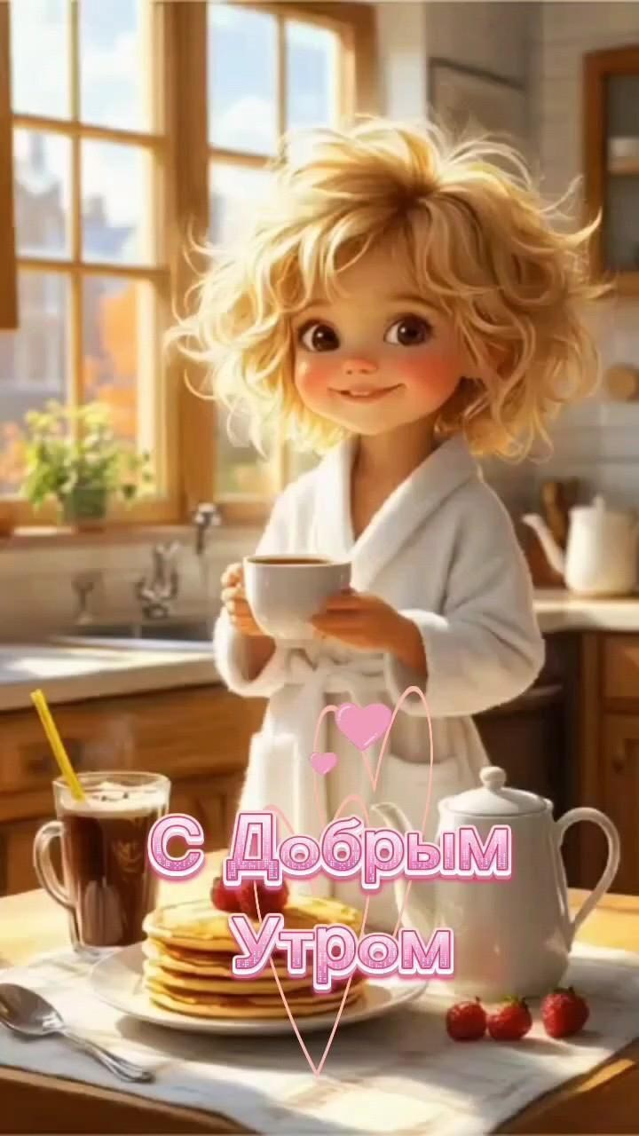 Открытка с добрым утром. Девочка с чашкой.