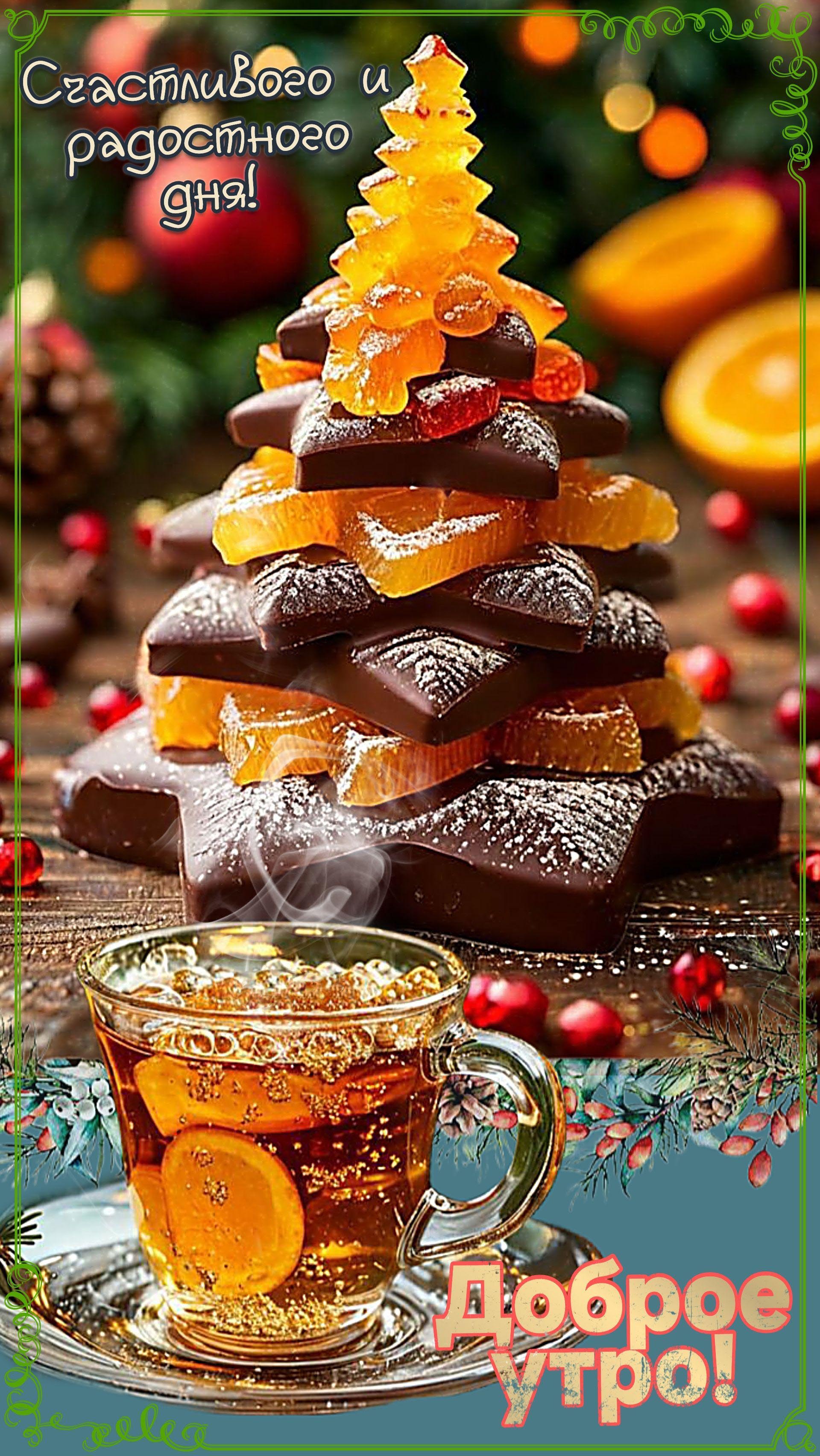 Открытка с добрым зимним утром. Елочка из сладостей. Чай с лимоном.
