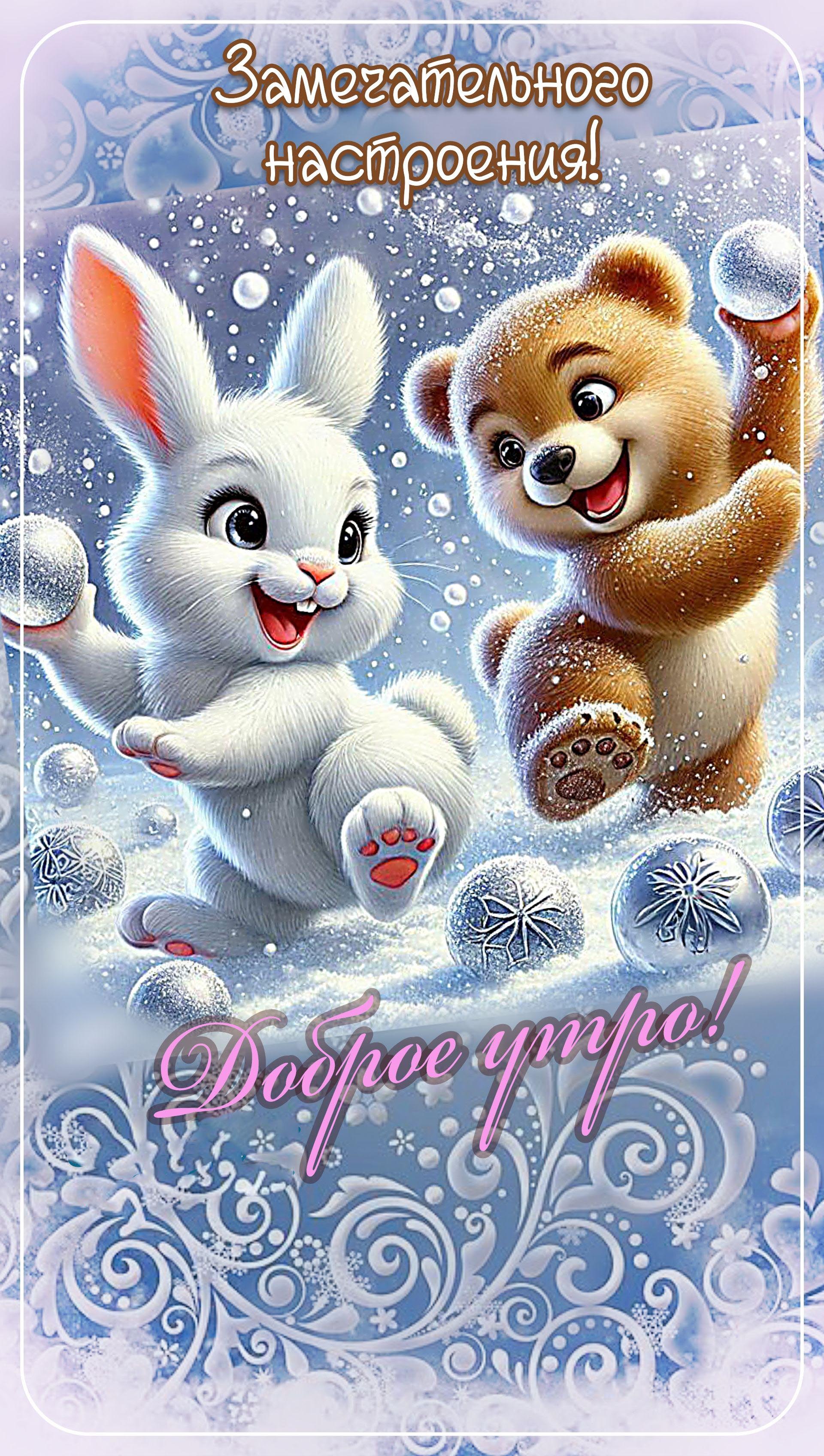 Открытка с добрым зимним утром. Зайчик и медвежонок играют в снежки.