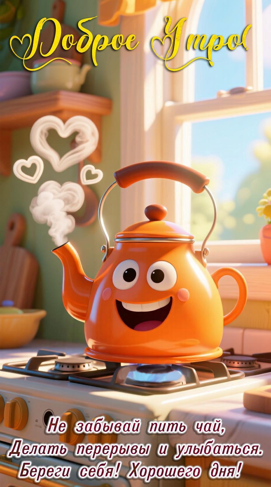 Открытка с добрым утром. Чайник-смайлик на плите. Пожелания.