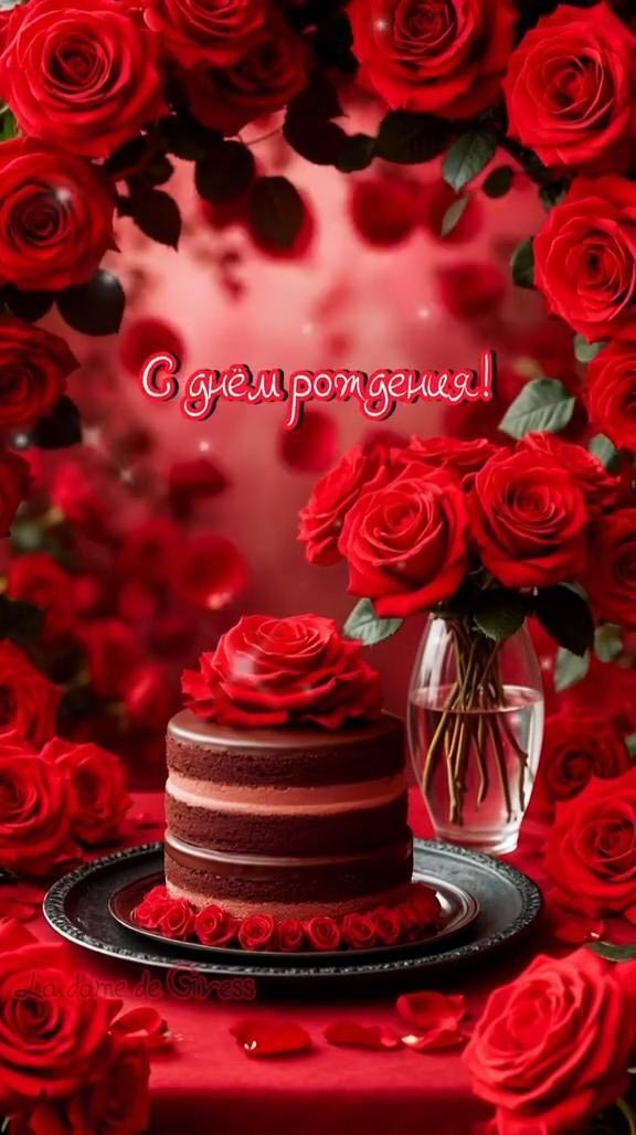 Открытка с днем рождения женщина. Красные розы, торт.