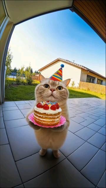 Открытка с днем рождения женщина прикольная. Без текста. Котик пришел с тортиком.