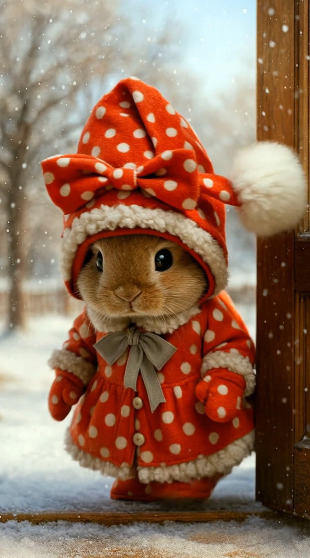 Открытка с добрым зимним утром. Зайчик в костюмчике, снег.