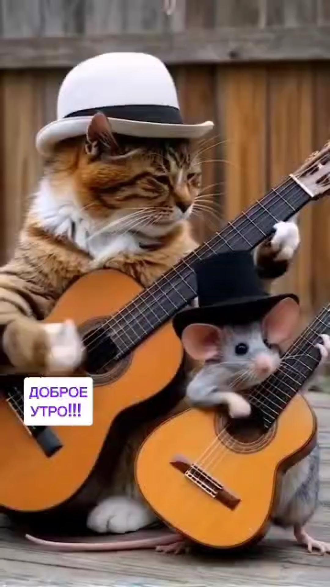 Открытка с добрым утром прикольная. Котик и мышка с гитарами.