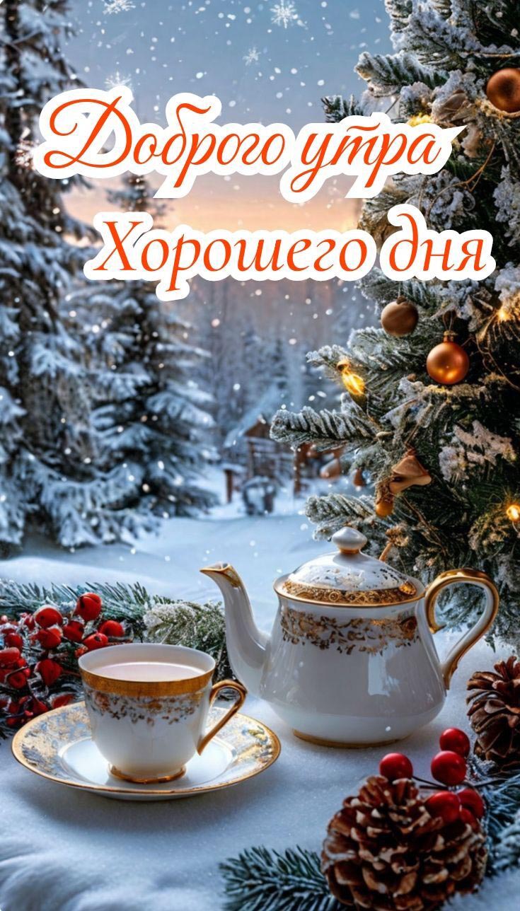 Открытка с добрым зимним утром. Снег, елочки, чай.