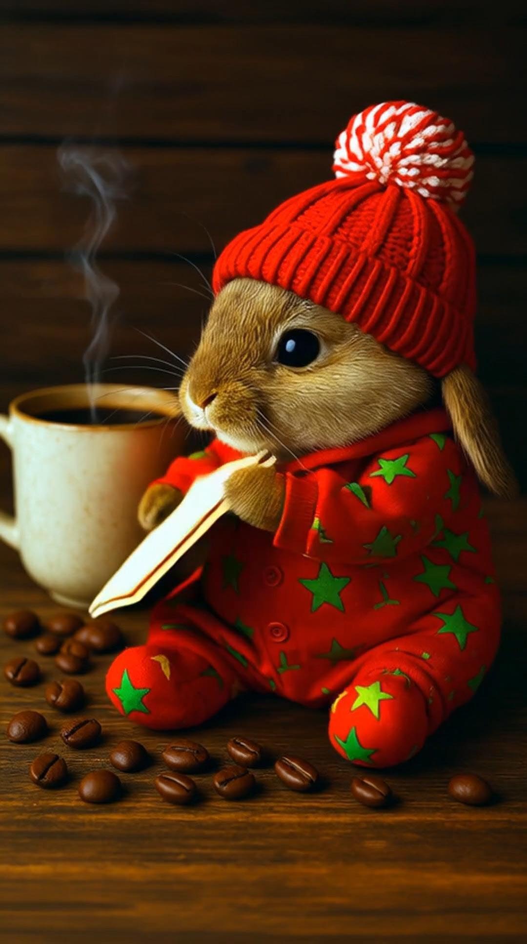 Открытка с добрым утром. Зайчик в костюмчике и кофе.