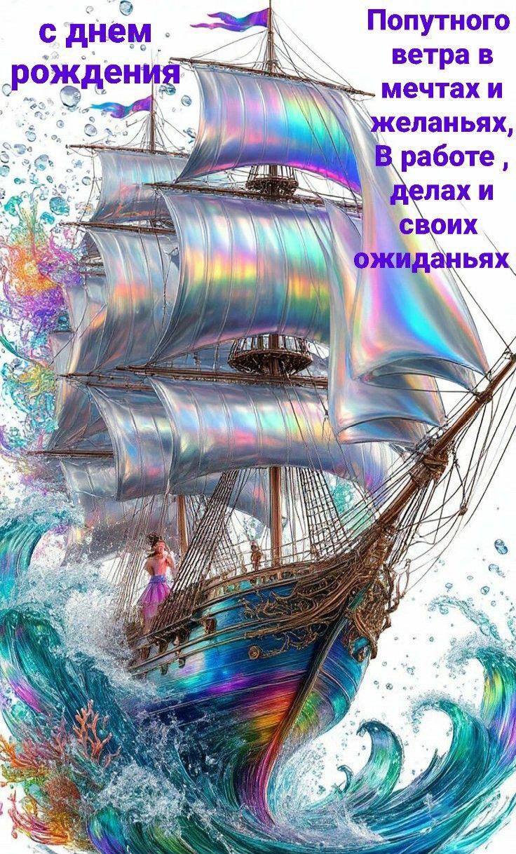 Открытка с днем рождения женщина. Пожелания, парусник с девушкой.