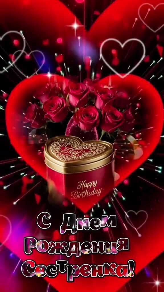 Открытка с днем рождения сестра. Сердечки, подарок.