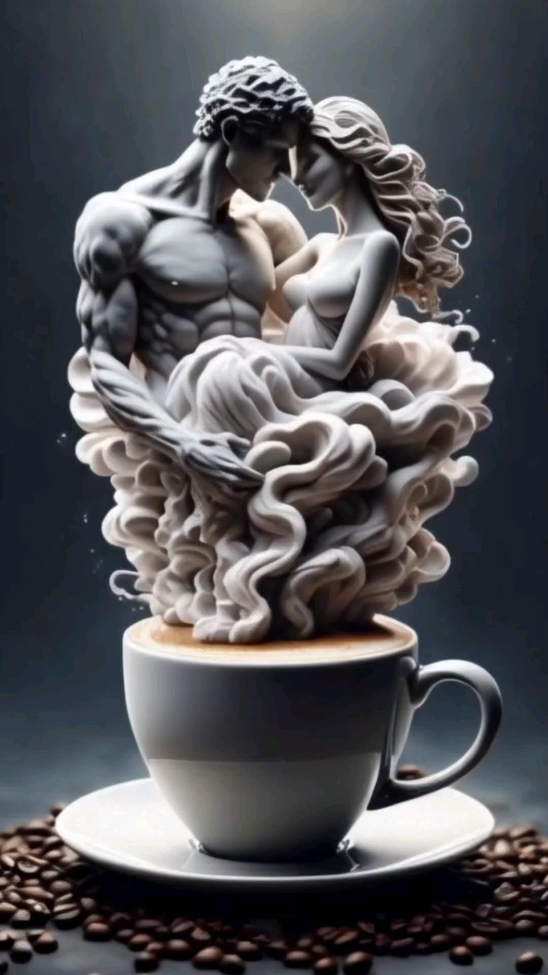 Открытка с добрым утром. Для влюбленных. Девушка и мужчина из чашки.