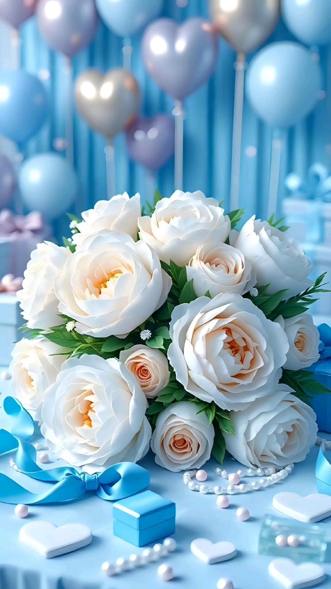 Открытка с днем рождения женщина. Без текста. Шарики и нежные цветы.