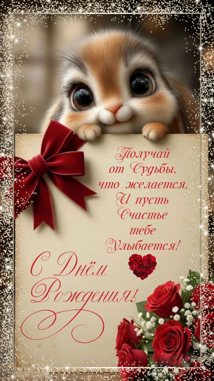 Открытка с днем рождения женщина. Милый зайчик, пожелания, цветы.