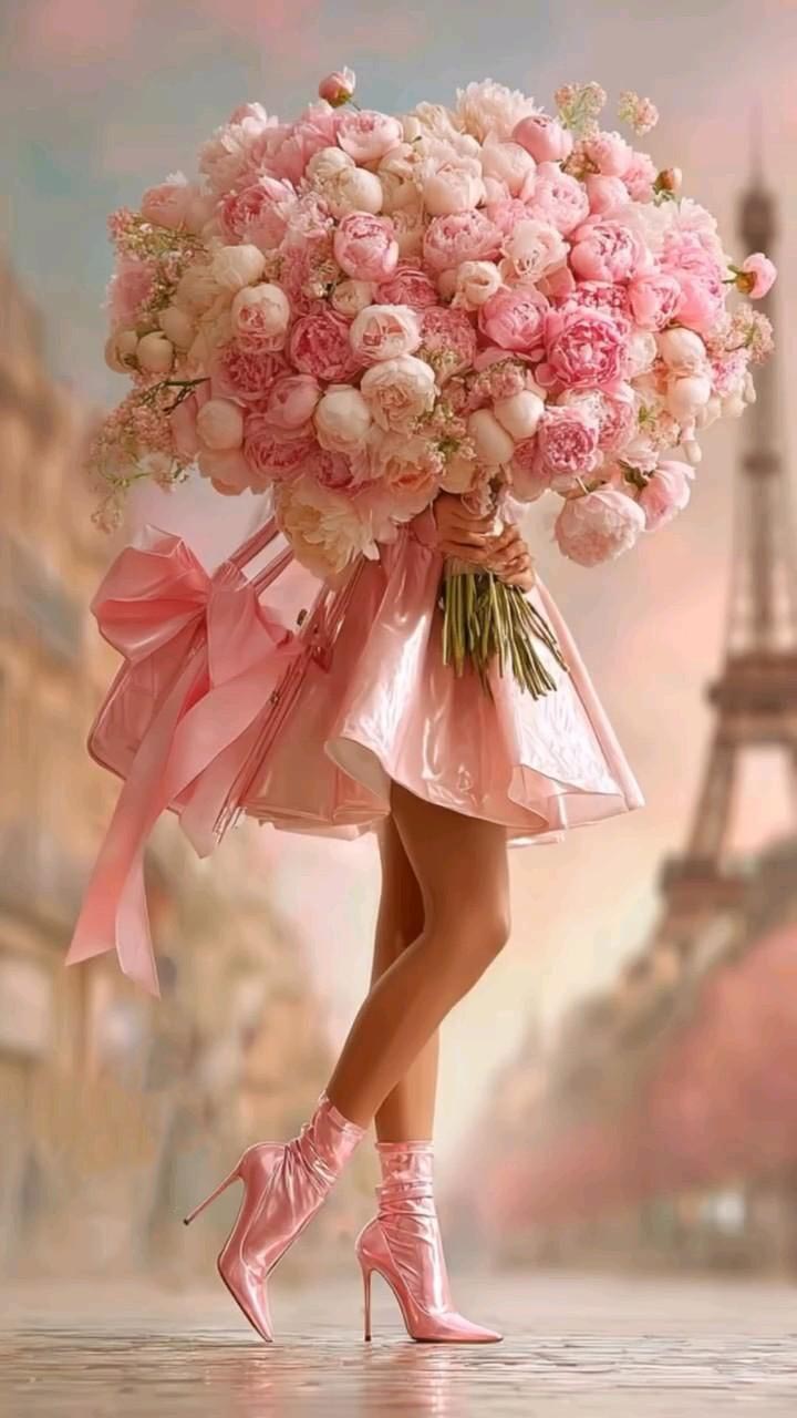 Открытка с днем рождения женщина. Девушка с большим букетом розовых цветов. Без текста.