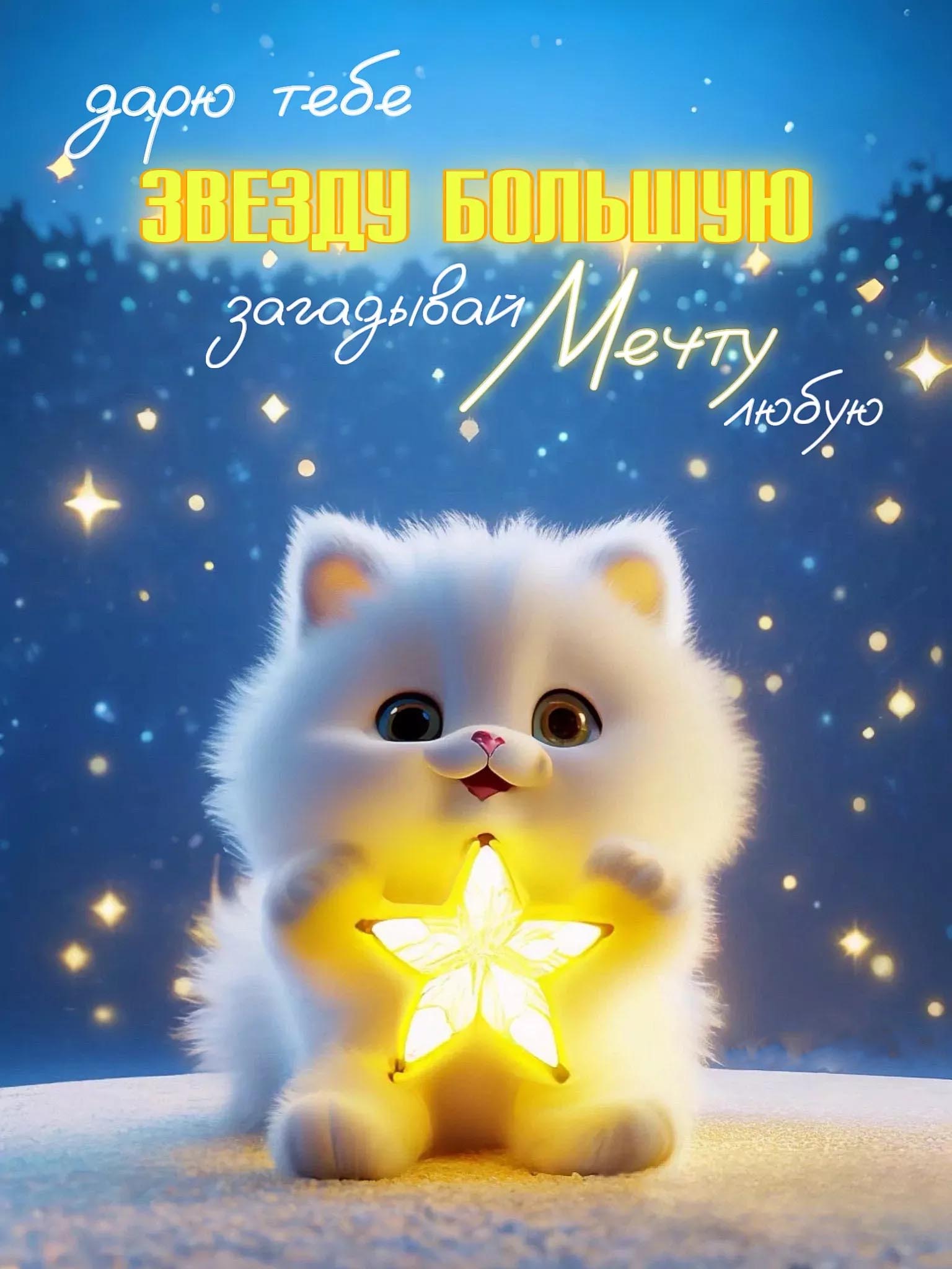 Открытка спокойной ночи. Котенок со звездочкой. Дарю тебе звезду большую.