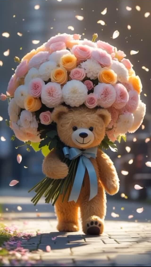 Открытка с днем рождения женщина. Без текста. Мишка с огромным букетом.