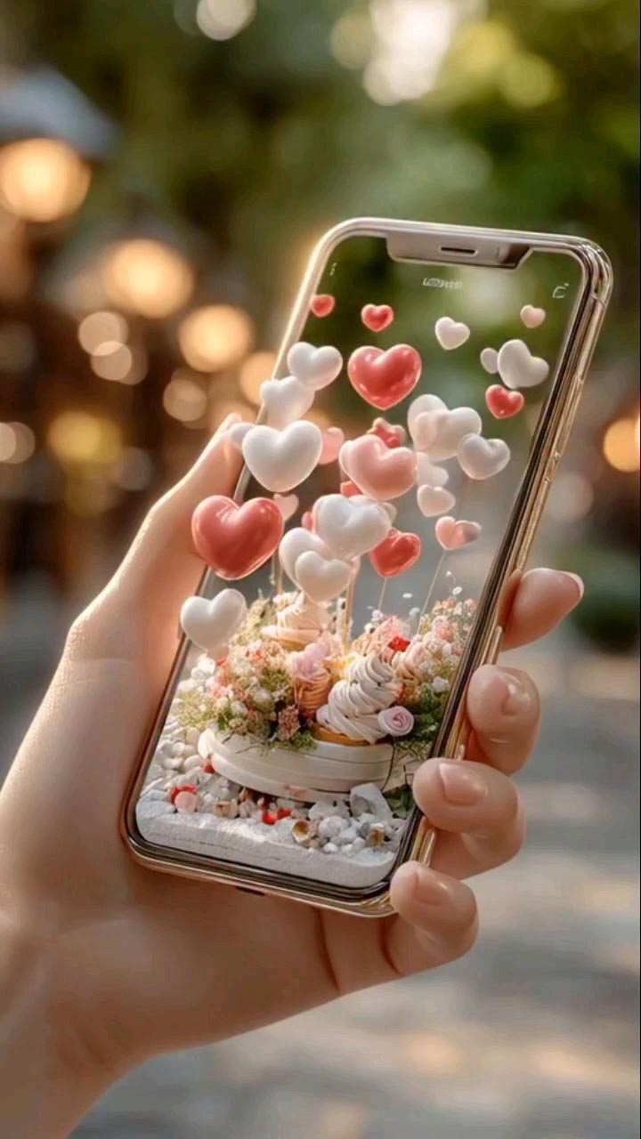 Открытка с днем рождения. Без текста. Смартфон с сердечками в руке.