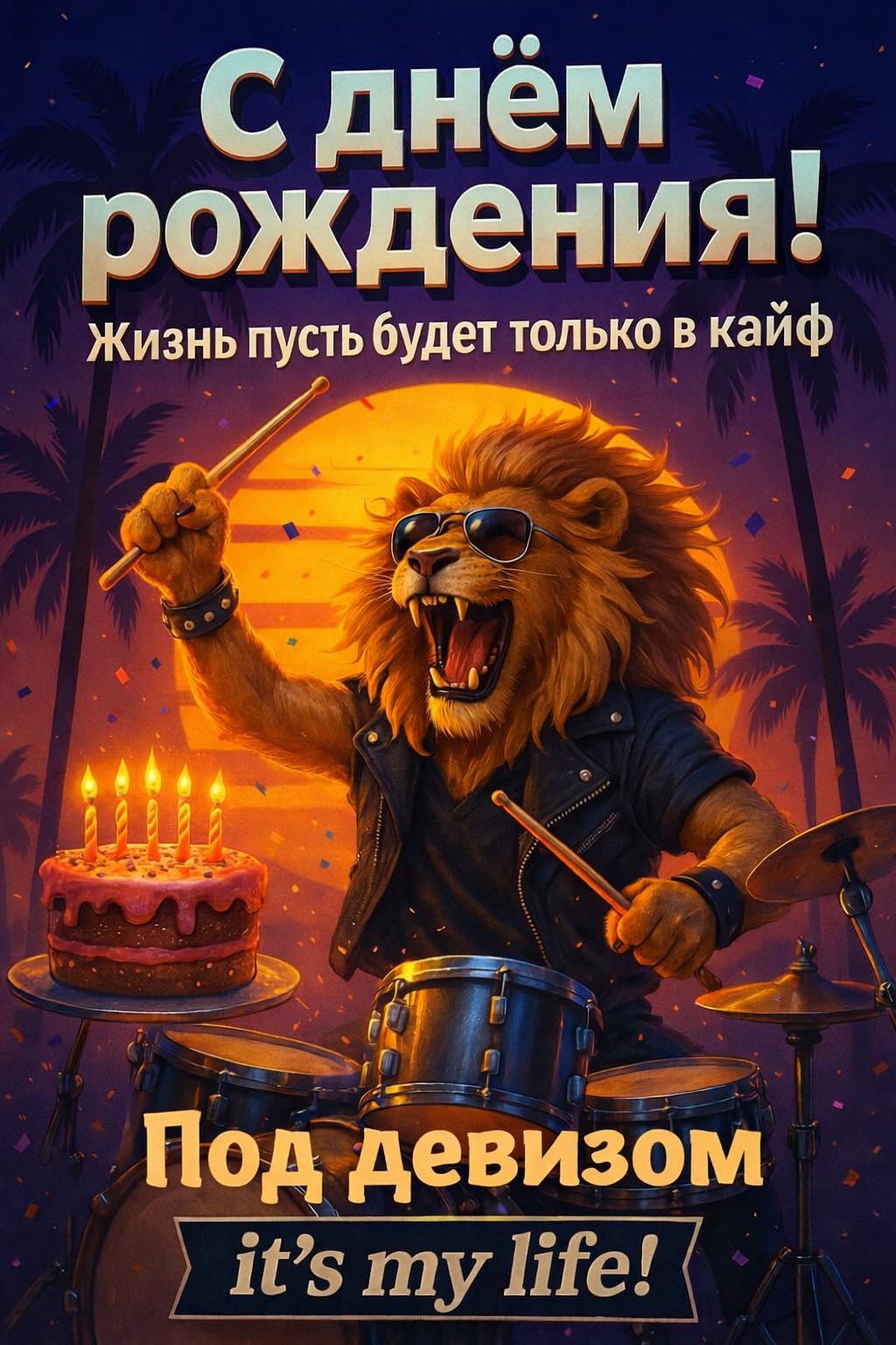 Открытка с днем рождения мужчина прикольная крутая. Пожелания мужчине. Лев играет на барабане, тортик со свечками.
