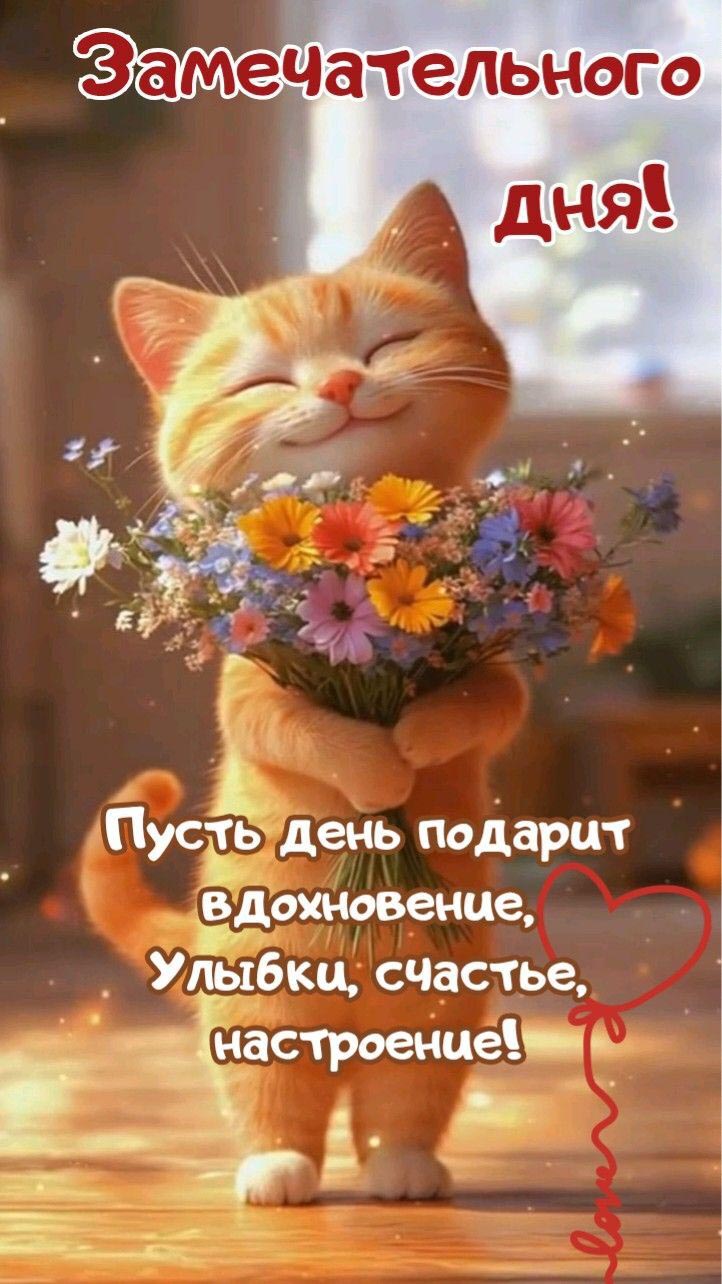 Открытка хорошего дня и настроения. Котик с цветами, пожелания.
