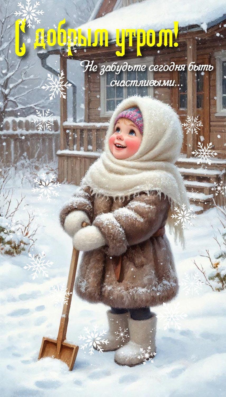 Открытка с добрым утром. Не забудь сегодня быть счастливым. Девочка убирает снег.