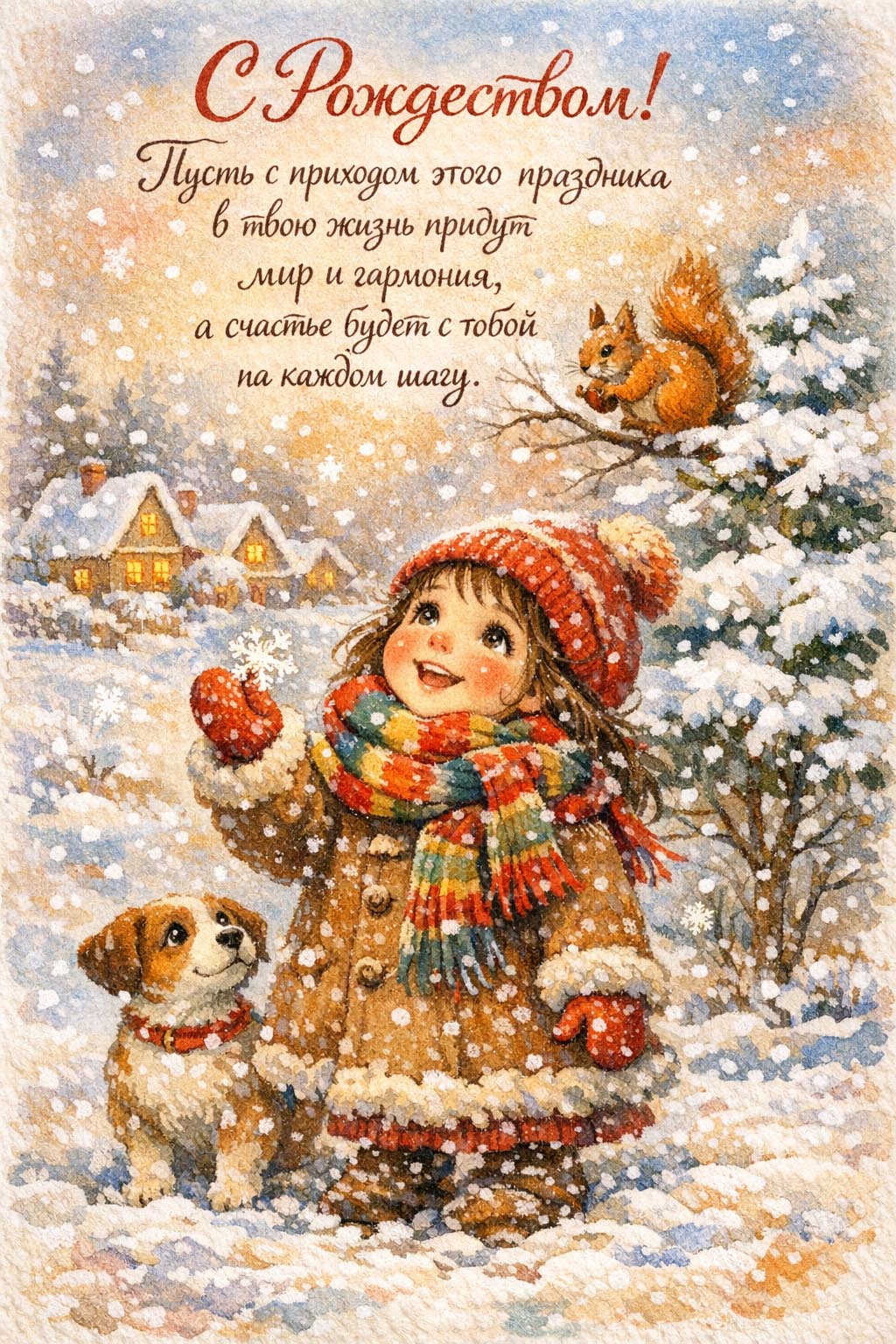 Открытка с Рождеством Христовым. Пожелания, девочка с собачкой, белочка на елочке, снег.