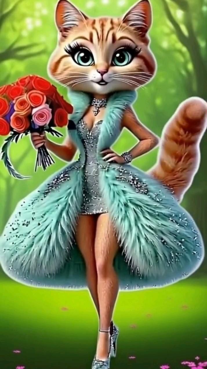 Открытка с днем рождения женщина. Без текста. Кошечка с цветами в платье.