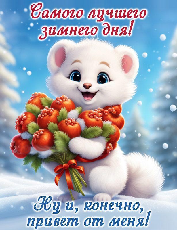 Открытка хорошего зимнего дня и настроения. Пожелания. Белый зверек с цветами.