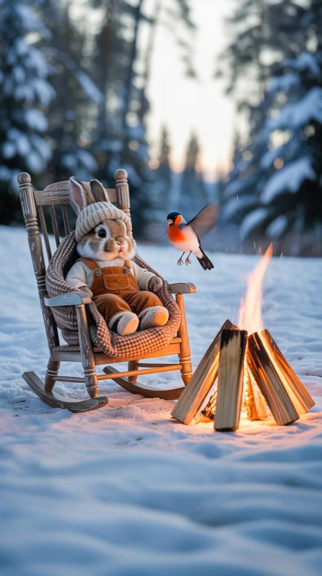 Открытка добрый зимний вечер. Без текста. Зайчик в кресле у костра в зимнем лесу, снегирь.