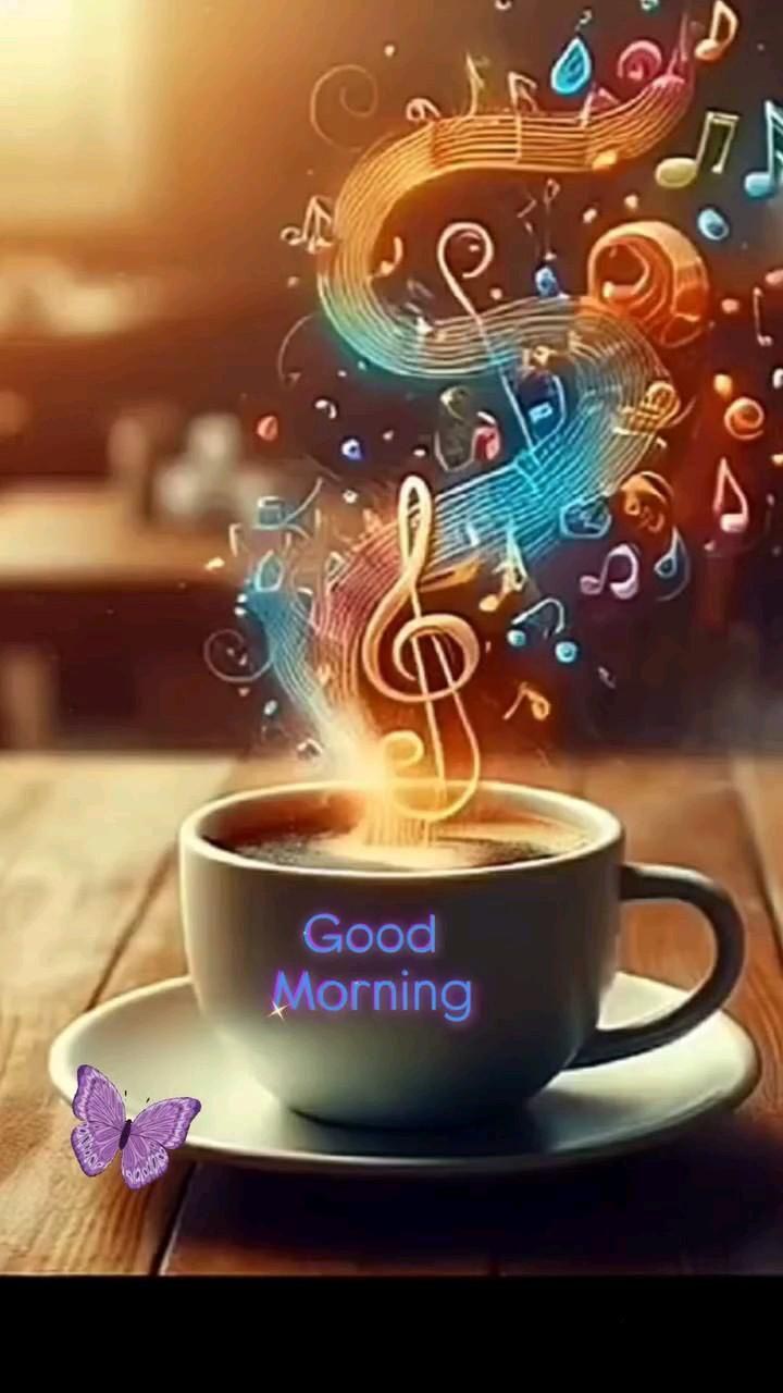 Открытка с добрым музыкальным утром. Чашка кофе и музыкальные ноты.