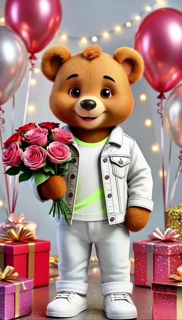 Открытка с днем рождения. Без текста. Мишка с розами. Шарики, подарки.