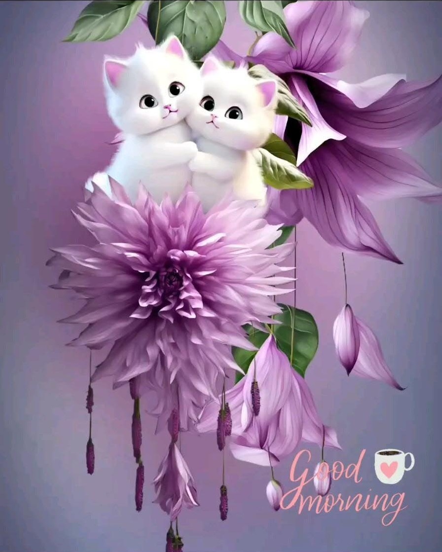 Открытка с добрым утром. Good morning. Котики и сиреневые цветы.