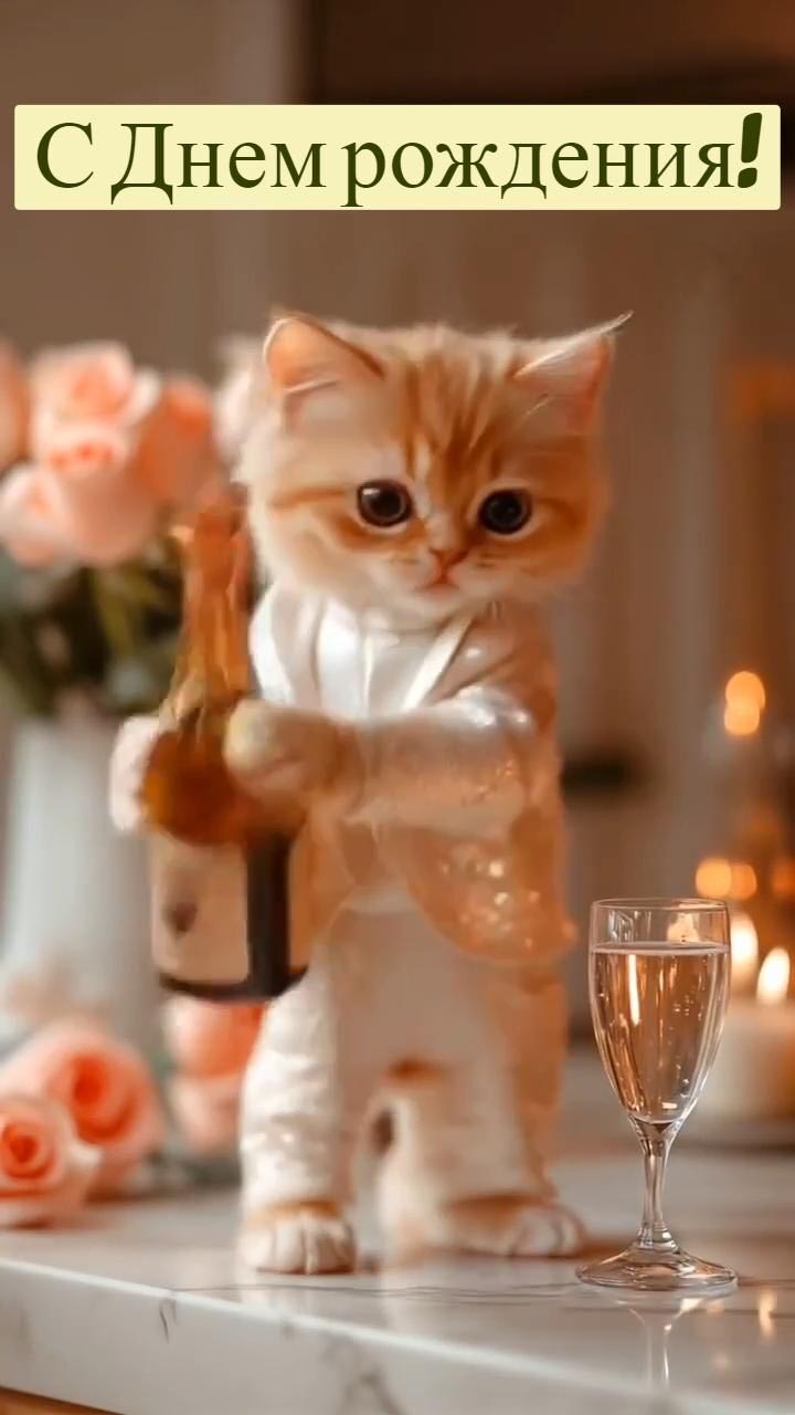 Открытка с днем рождения. Котик с шампанским.